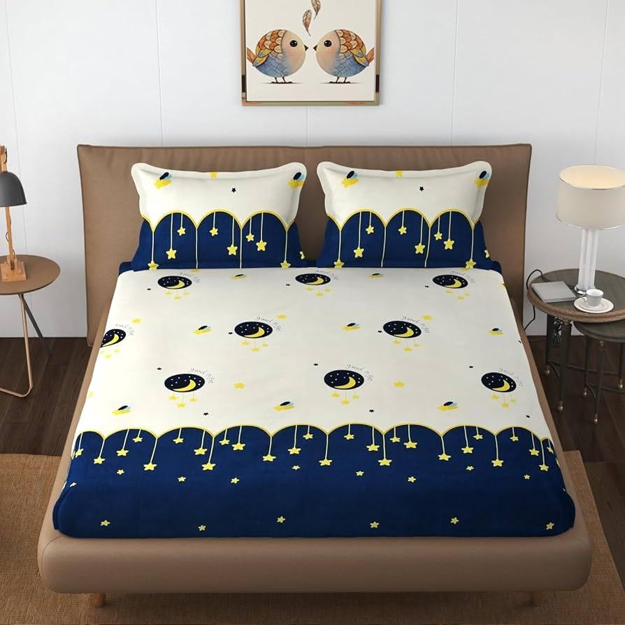 Kawi Poly Cotton Elastic Fitted Queen Size Bedsheet (Fits Upto 78X 72X 6 Mattresses) Moon Stars Print