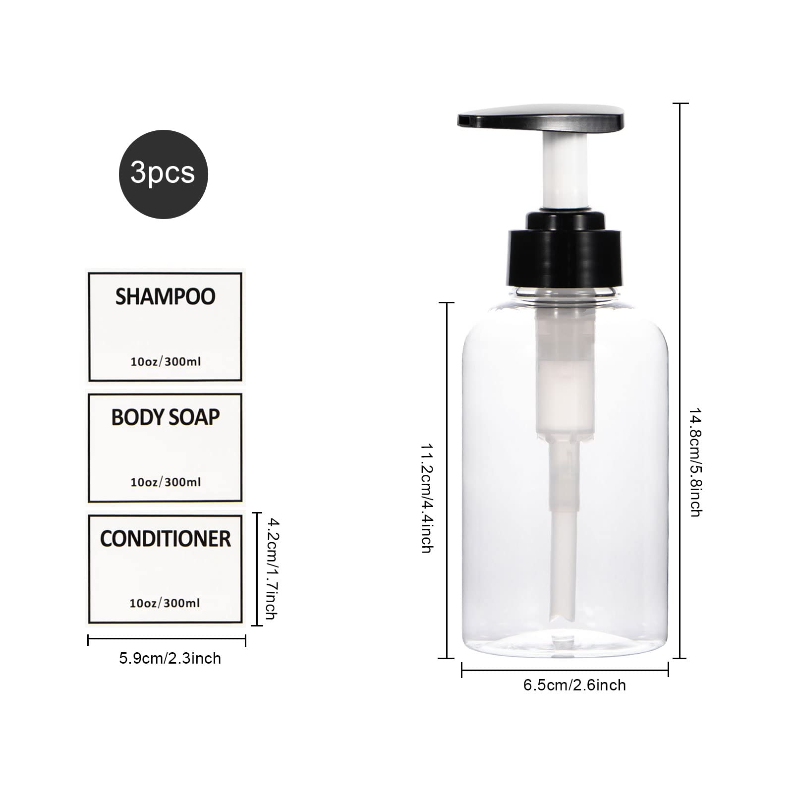 Clear Pump Bottle,Yeeco Shampoo Dispenser With Waterproof Labels 10Oz/300Ml, Shampoo And Conditioner Bottles 3 Packs, Shampoo Bo