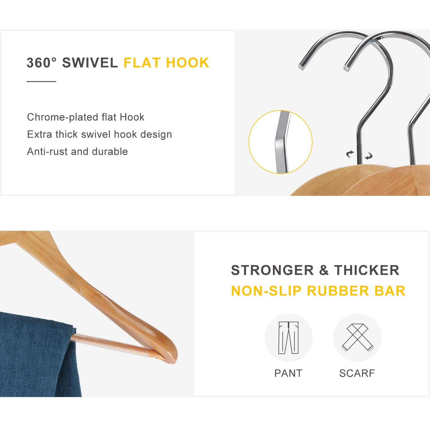 Topia Hanger Set Of 6 Luxury Natural Wooden Coat Hangers, Premium Wood Suit Hangers, Glossy Finish With Extra-Wide Shoulder, Thi