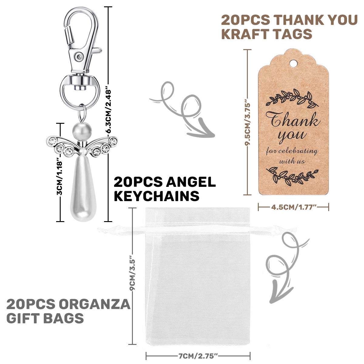 Movinpe 20Pcs Angel Favor Keychains Plus Organza Bags Plus Thank You Kraft Tags, Guest Return Favors For Baby Shower, Bridal Sho