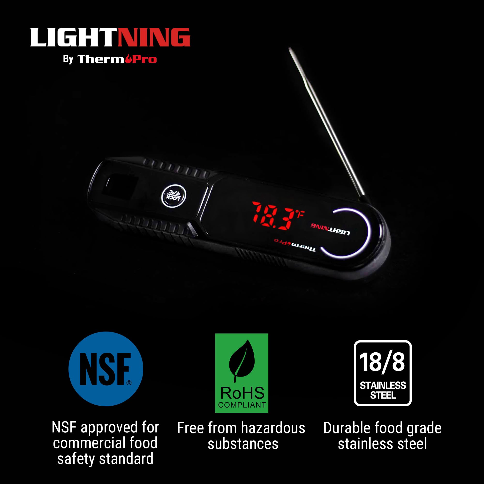 Thermopro Lightning 1-Second Instant Read Meat Thermometer, Calibratable Kitchen Food Thermometer With Ambidextrous Display, Wat