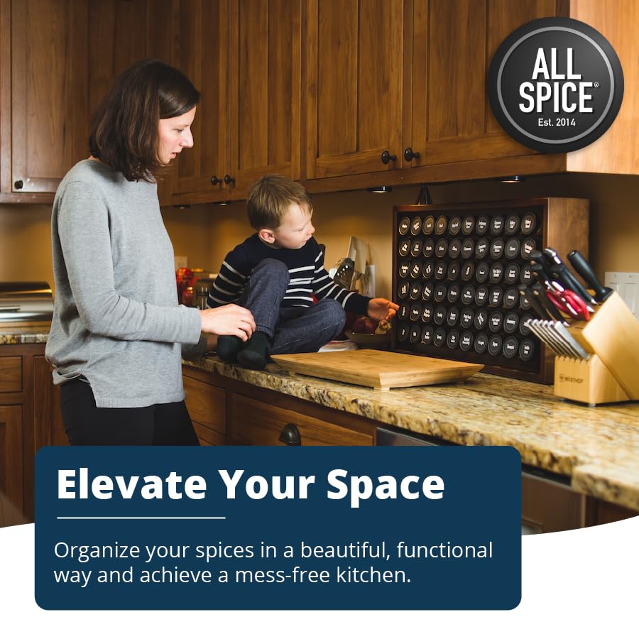 AllSpice Wood Spice Rack, Includes 30 4oz Jars- Walnut Stain