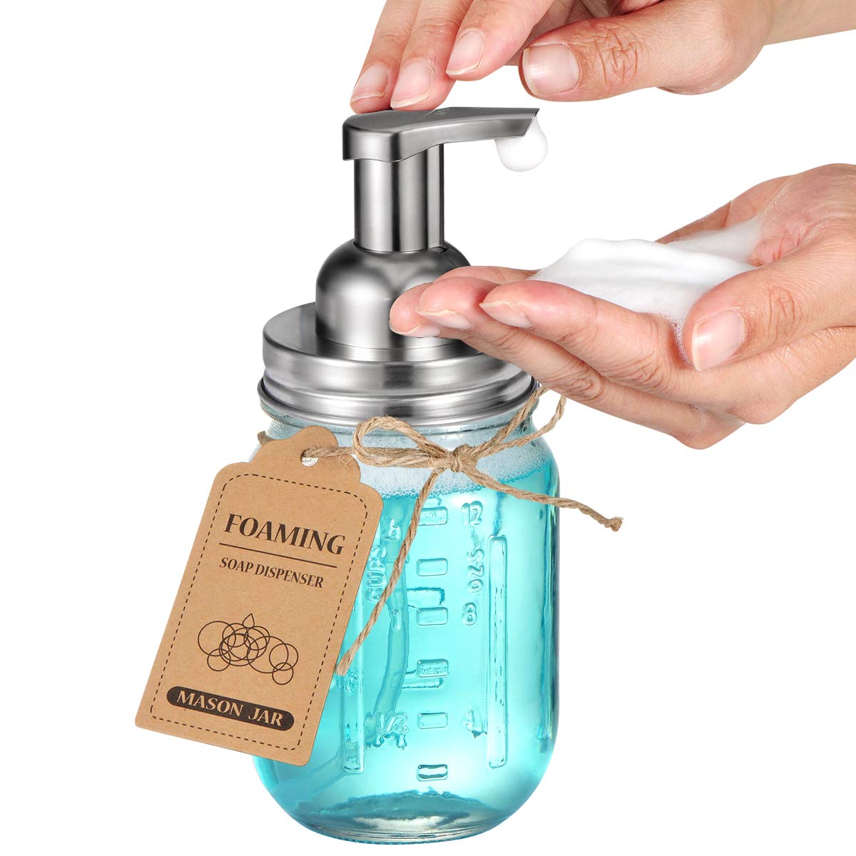 Mason Jar Foaming Soap Dispenser -Rustproof Stainless Steel Lid/BPA Free Foam Pump-Waterproof Chalkboard Labels-Farmhouse Decor Bathroom Accessories Refillable &Eco Friendly -Brushed Nickel (2 Pack)