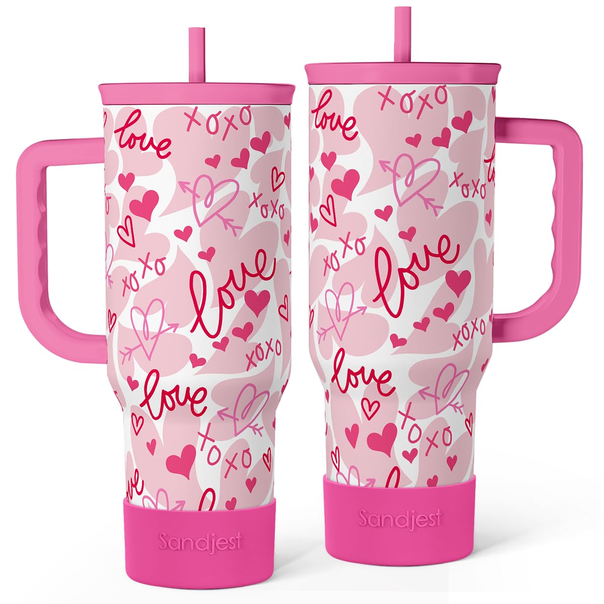 SANDJEST Heart Tumbler with Handle 40oz, Valentines Stainless Steel Insulated Tumblers Coffee Travel Cup with Straw Lid, Gifts f