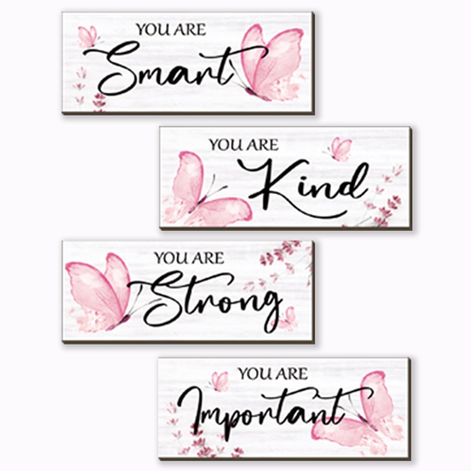 DONFENTHY 4 Pcs Butterfly Wall Decor Pink Room Decor Wooden Positive Butterfly Decor with Inspirational Word Sign for Teen Girls