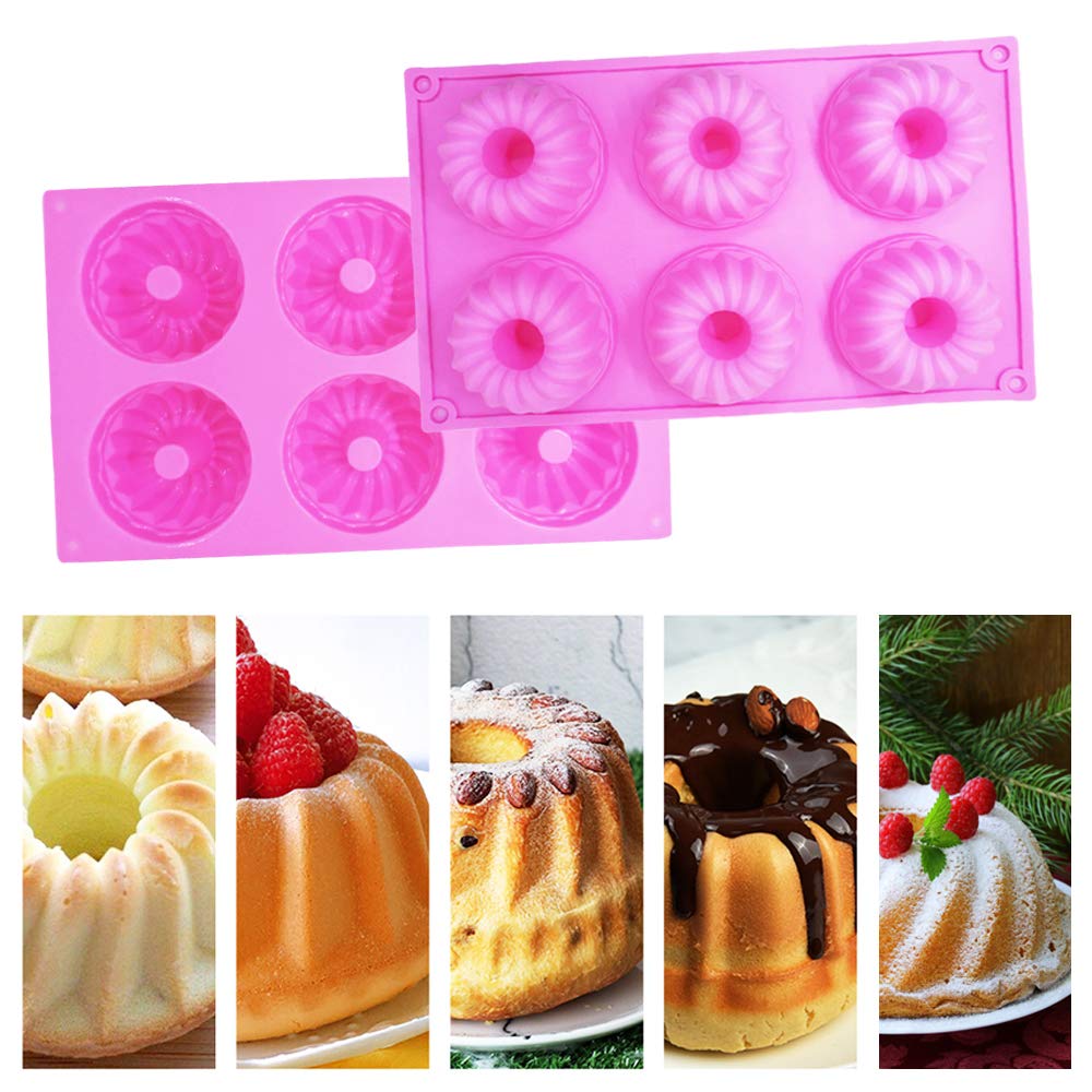 3 Packs Silicone Mini Fluted Cake Pans, Findtop Mini Tube Cake Baking Pan For Muffin Cups, Coffee Cake, Cupcake, Brownie- Pink,