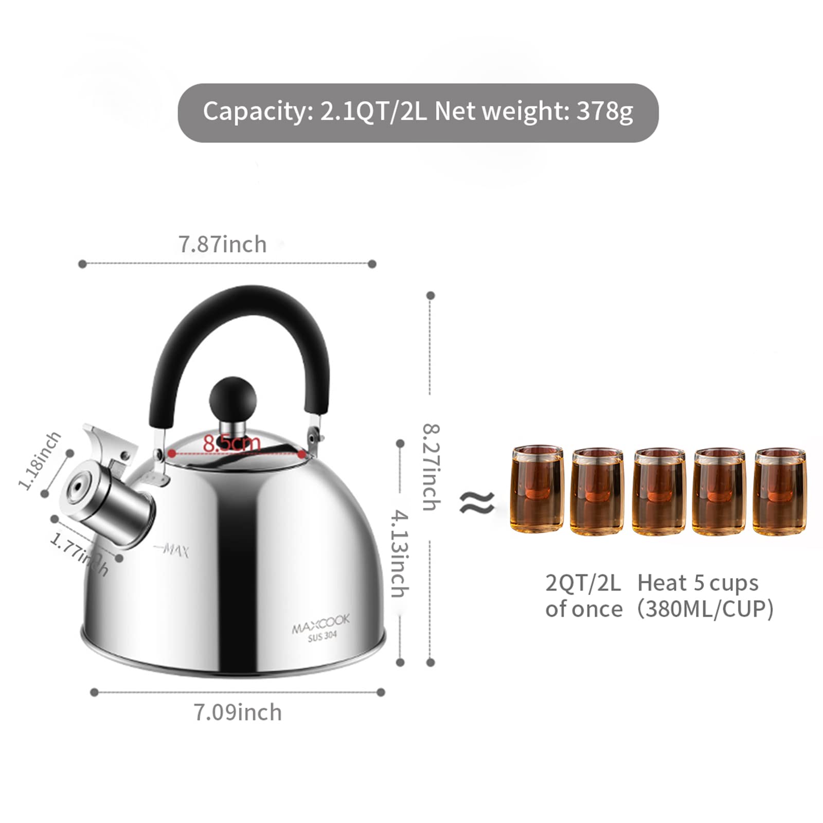 Maxcook 304 Stainless Steel Whistling Tea Kettle 2.1 Quart/2L, Suitable To Boiling Water & Tea On Induction Stove, Gas Stove Top
