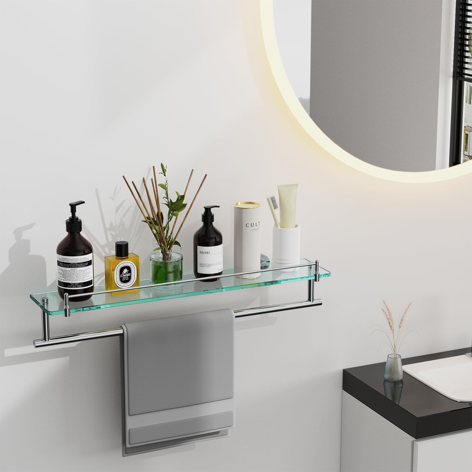 Kocok Bathroom Glass Shelf With Towel Bar,24-Inch Chrome Polished Floating Glass Bathroom Shelves With Towel Rack Stainless Stee