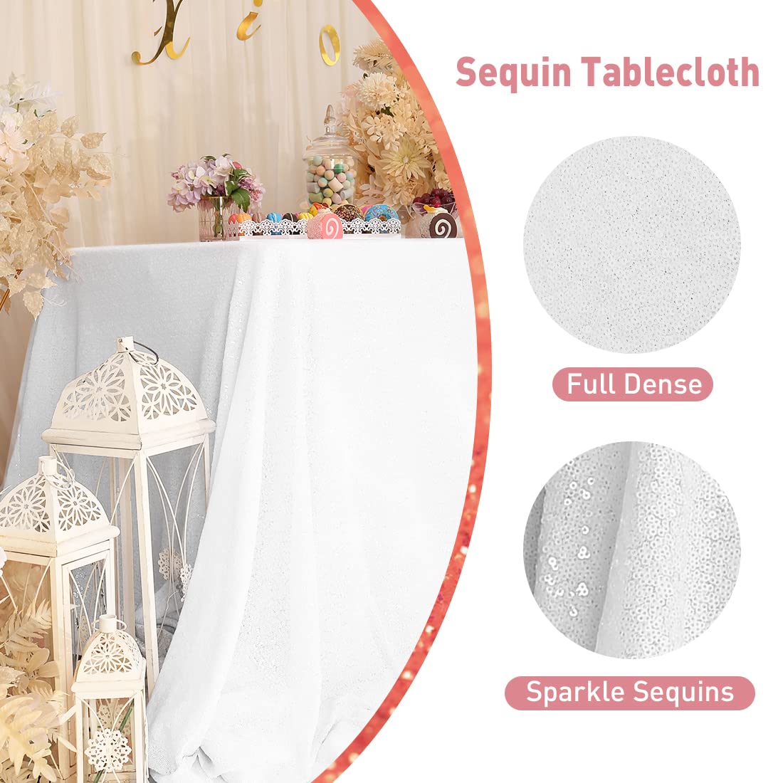 Poise3Ehome 60A120 Rectangle White Sequin Tablecloth For Party Cake Dessert Table Exhibition Events, White