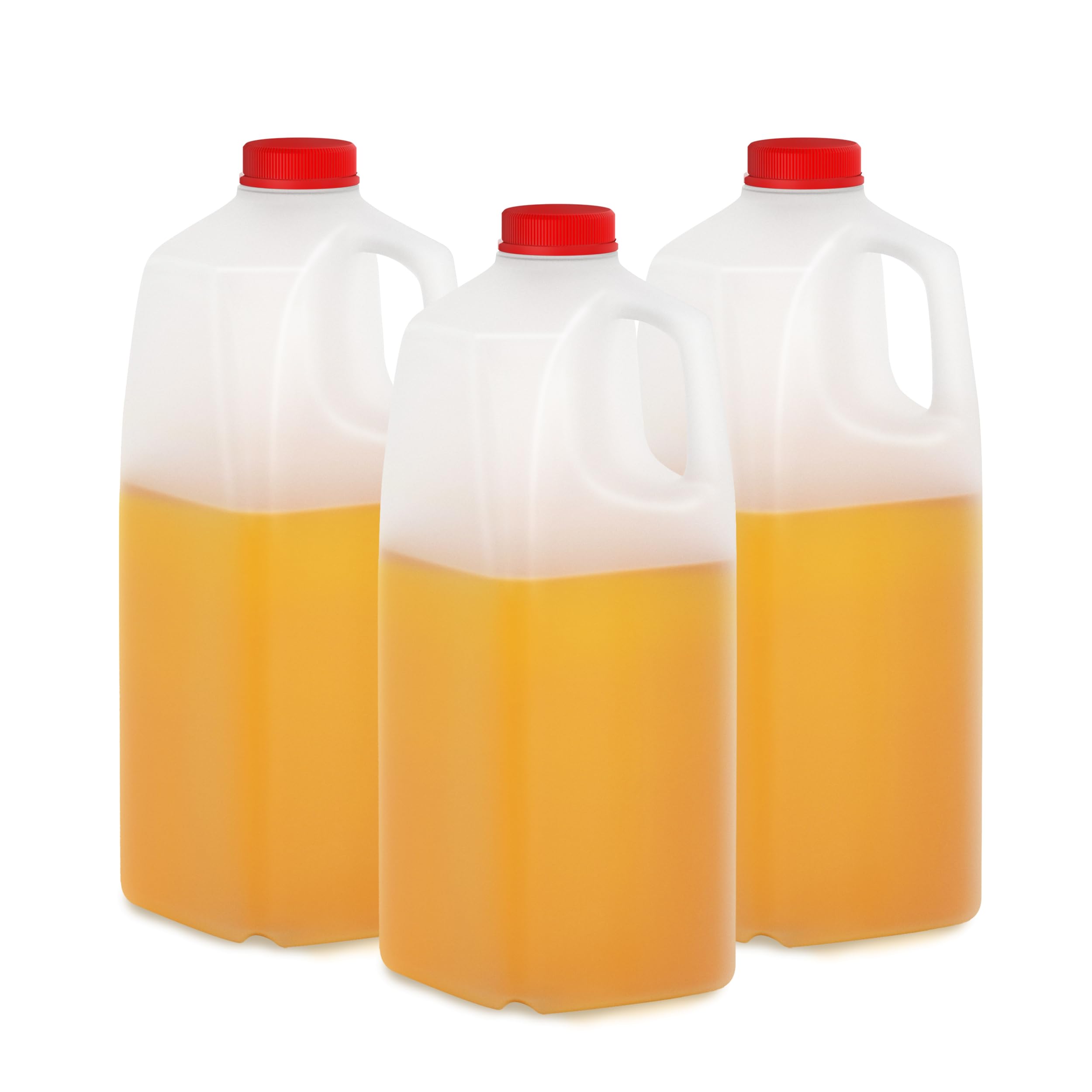 KitchenDine Plastic Milk Bottles, 64 Oz HDPE Material, Juice Bottle with Red Tamper-Evident Caps, Set of 3, Clear bottle with Re
