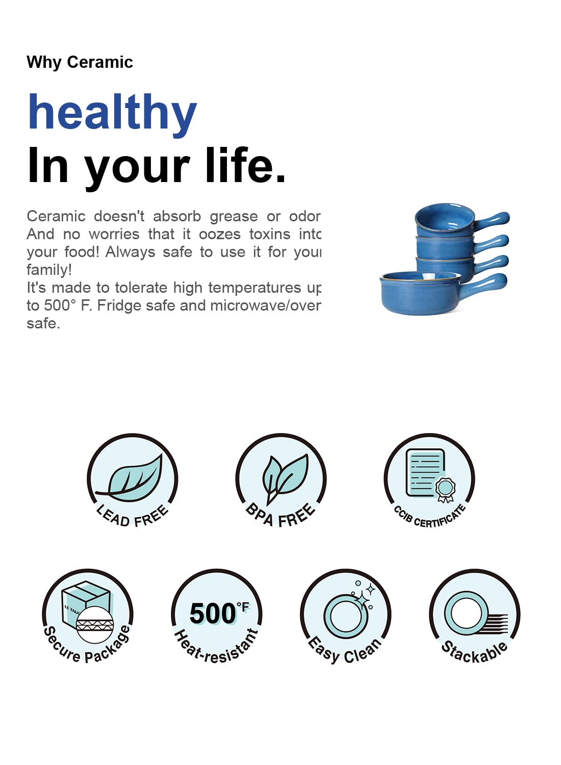 Le Tauci Soup Bowls With Handle, 15 Oz Ceramic French Onion Soup Bowls, Large Soup Crocks Oven Safe For Stew, Onion, Soup, Chill