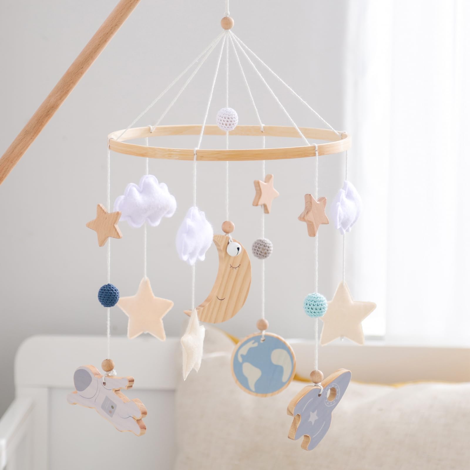 JETMHH Baby Crib Mobile | Space Theme Nursery Mobile | Wooden Mobile for Crib | Astronaut Space Theme Nursery Bed Decoration | G