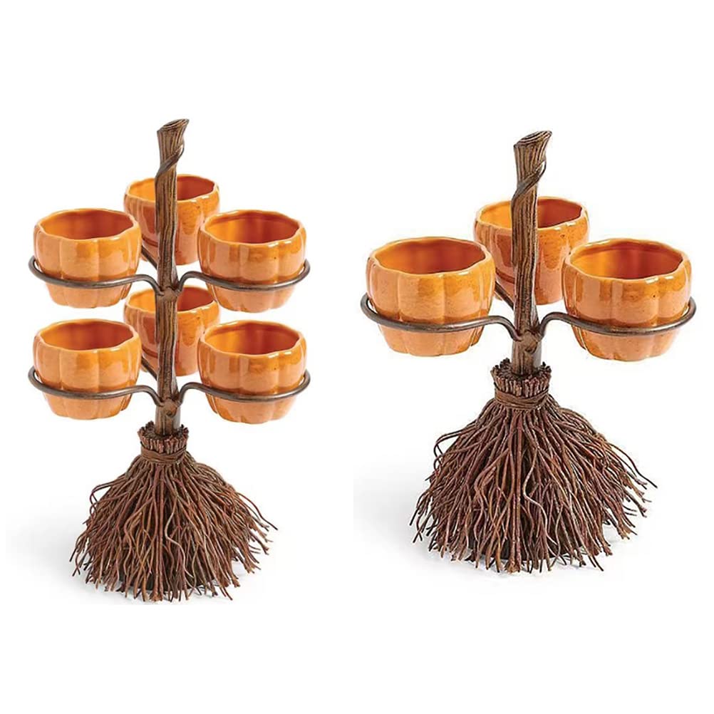 Halloween Pumpkin Bowls On Broom For Serving Snacks Salad Fruit Halloween Party Supplies Decorations (3 Cups)