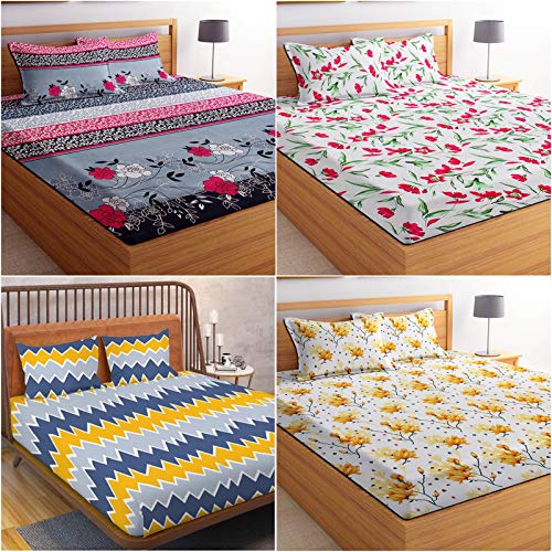 Vas Collection 144 Tc Microfiber Double Bedsheets Combo Pack Of 4 Bedsheet With 8 Pillow Covers (6X7 Feet Bed, 225X220 Cm,Red,Bl