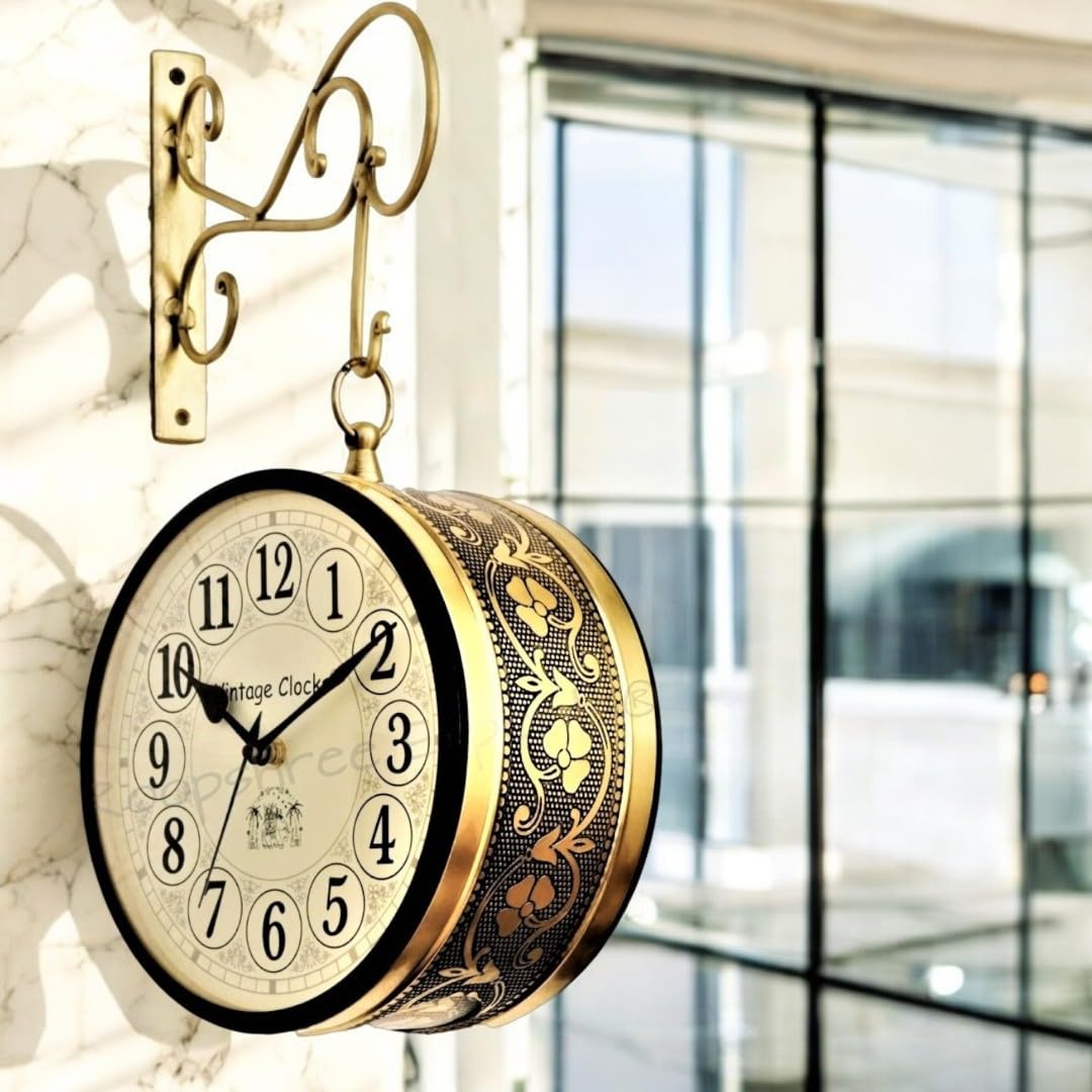 Vintage Clock Metal Handcrafted Brass Finish One Side English Other Side Roman Number Railway Station Double Side Analog Clock, 
