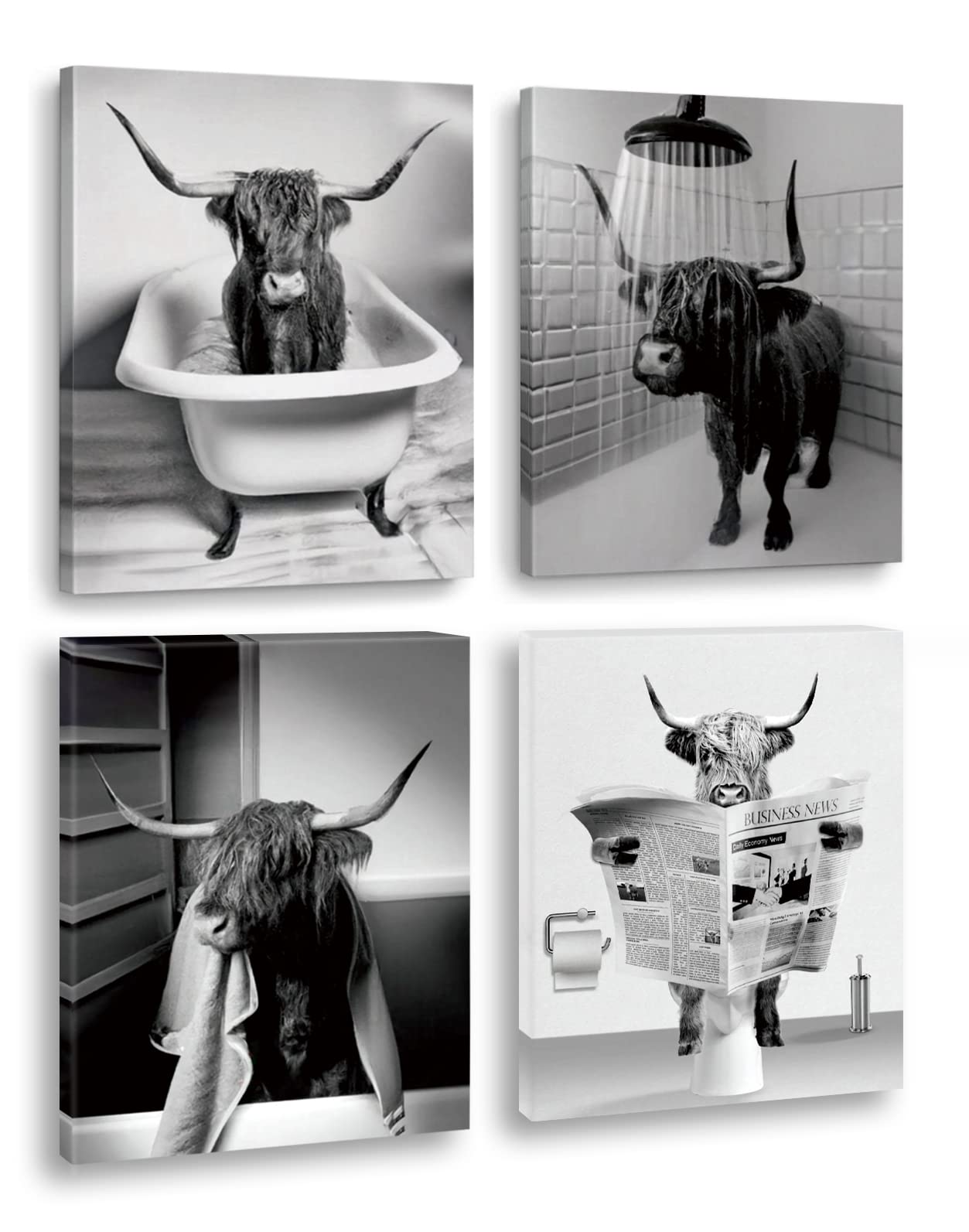 Funny Highland Cow Wall Art Bathroom Decor, Vintage Black And White Rustic Style Cute Bathroom Cow Canvas Art Posters For Bathro