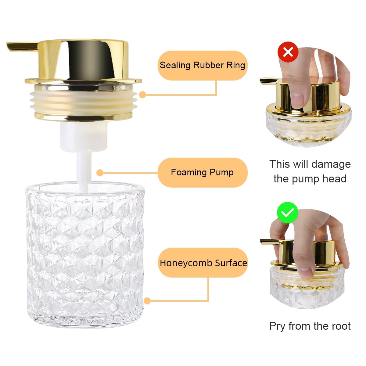Fvstar Clear Bathroom Accessories Set, 2pcs Glass Bathroom Accessory Set with Foam Soap Dispenser and Toothbrush Holder, Gold Fo