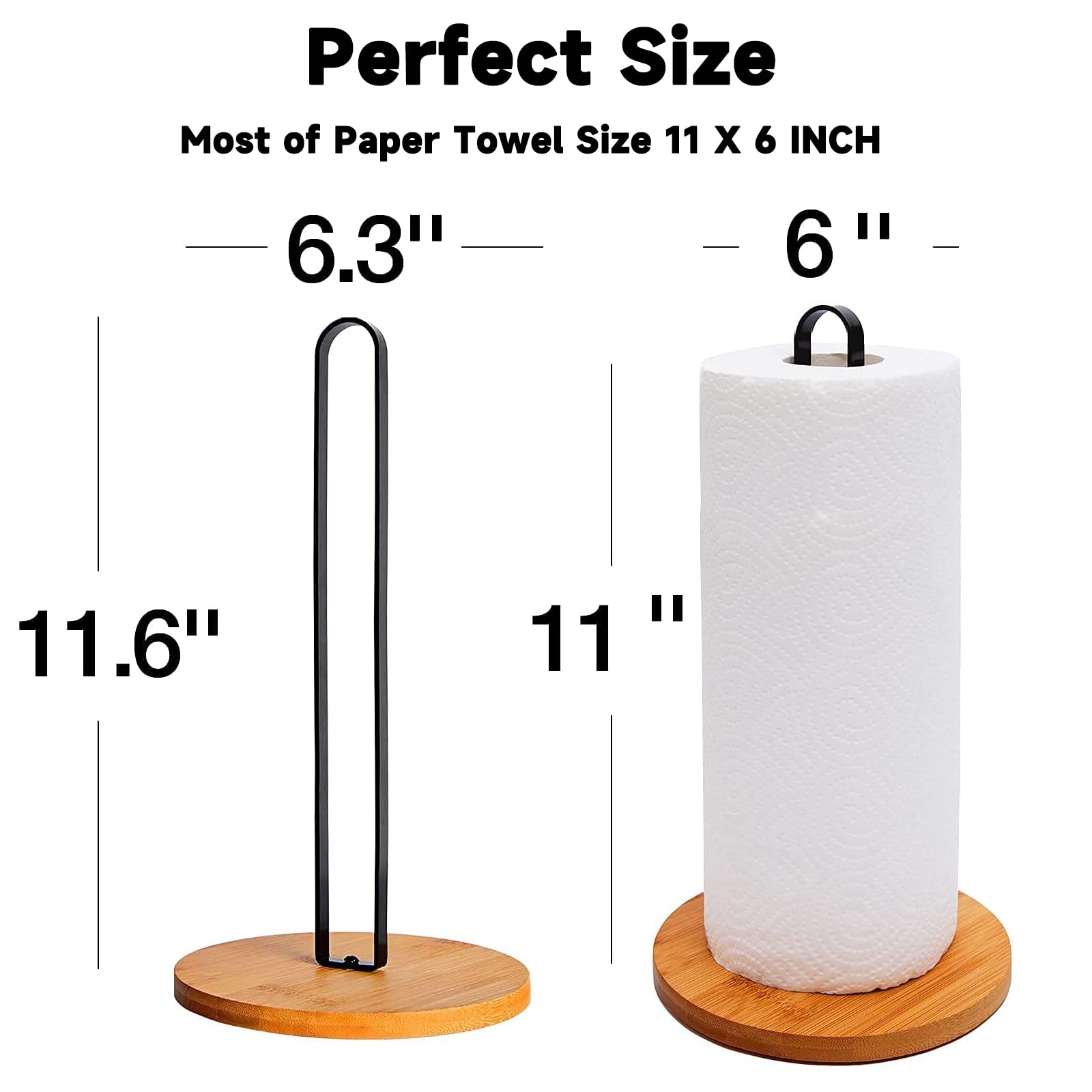 Tonlea Wood Paper Towel Holder, Black Paper Towel Holder Countertop, Kitchen Towel Holder Free-Standing With Non-Slip Wooden Bas