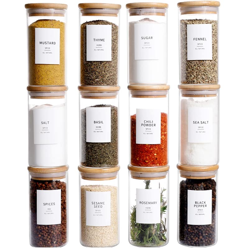 12 Pcs Glass Spice Jars With Bamboo Airtight Lids - 8Oz Thicken(2.4Mm) Spice Containers With 148 Minimalist Preprinted Waterproo