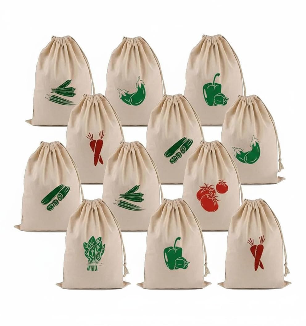 100% Cotton Storage Bags EcoFriendly Grocery Reusable Bags For Fridge Washable, Breathable & Durable Produce Bags For Vegetable