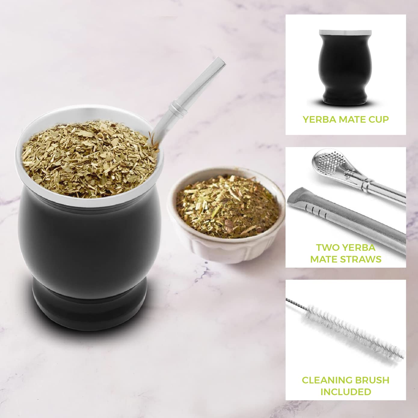 Balibetov Mate Cup And Bombilla Set - Yerba Mate Set Includes One Yerba Mate Cup, Two Bombilla Mate (Straw) And Brush - Stainles