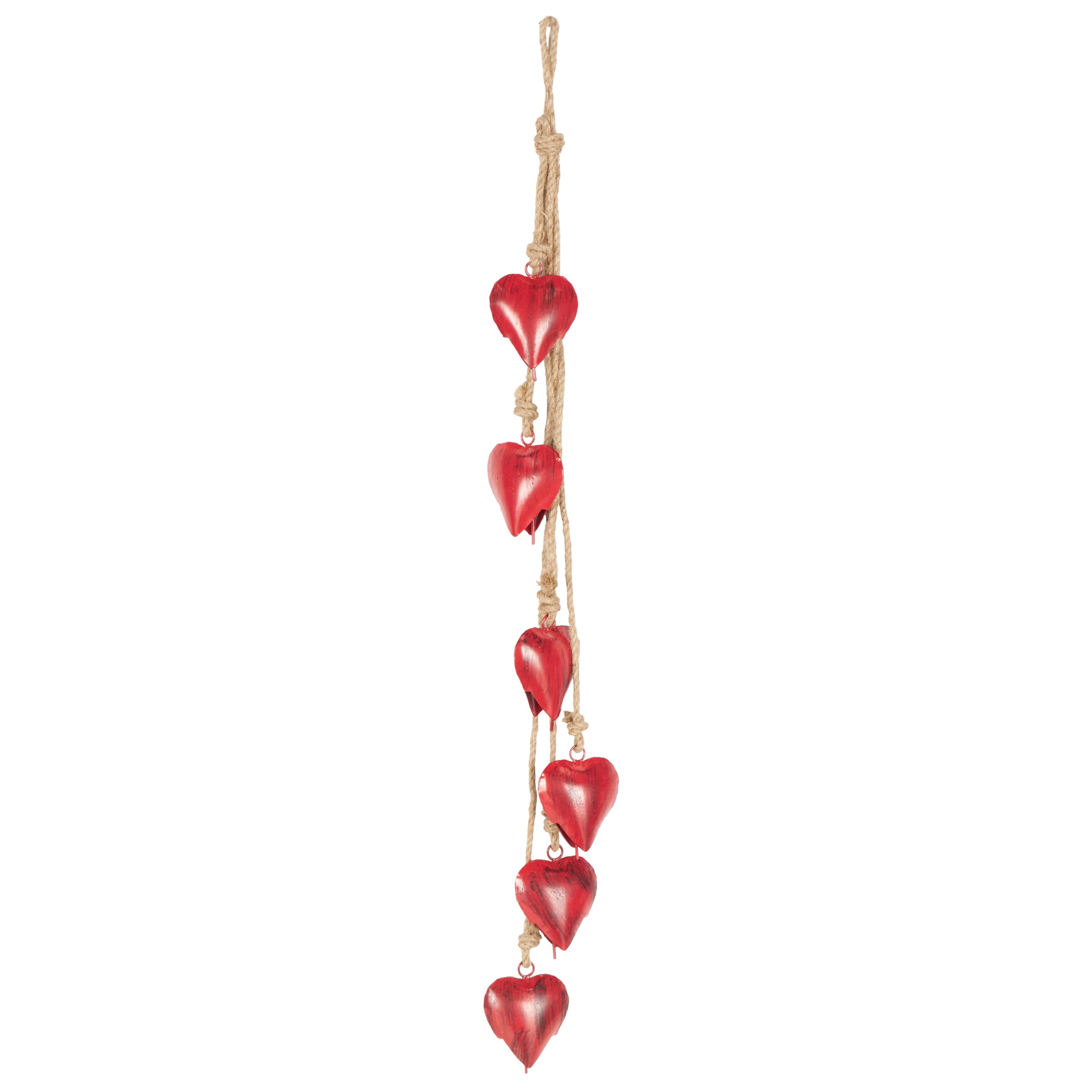 Deco 79 Red Metal Decorative Hearts with Jute Hanging Rope, 4 x 2 x 35