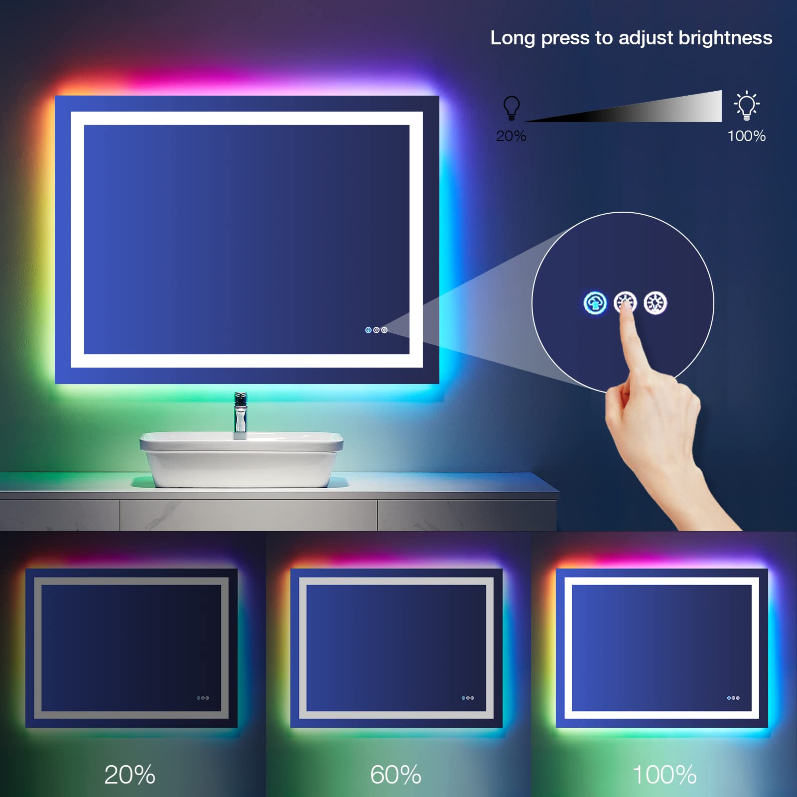 LOAAO 48''X36'' LED Bathroom Mirror with Lights  Anti-Fog  Dimmable  RGB Backlit + Front Lighted  Bathroom Vanity Mirror for Wall  Memory Function
