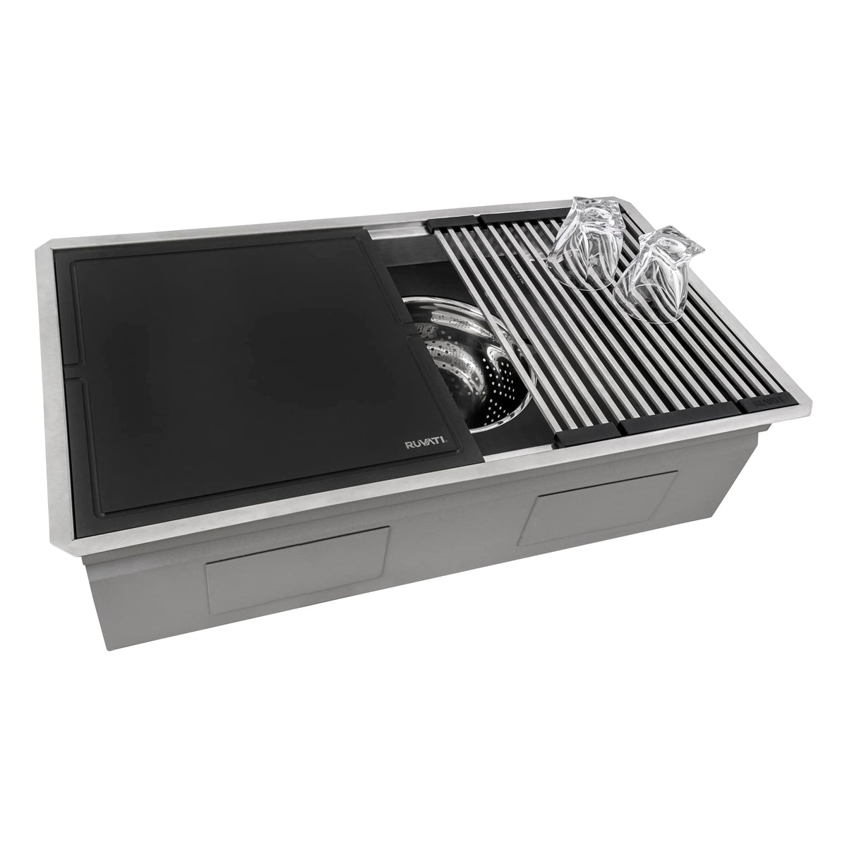 Ruvati 33-Inch Workstation Two-Tiered Ledge Kitchen Sink Undermount 16 Gauge Stainless Steel With Black Composite Accessories -