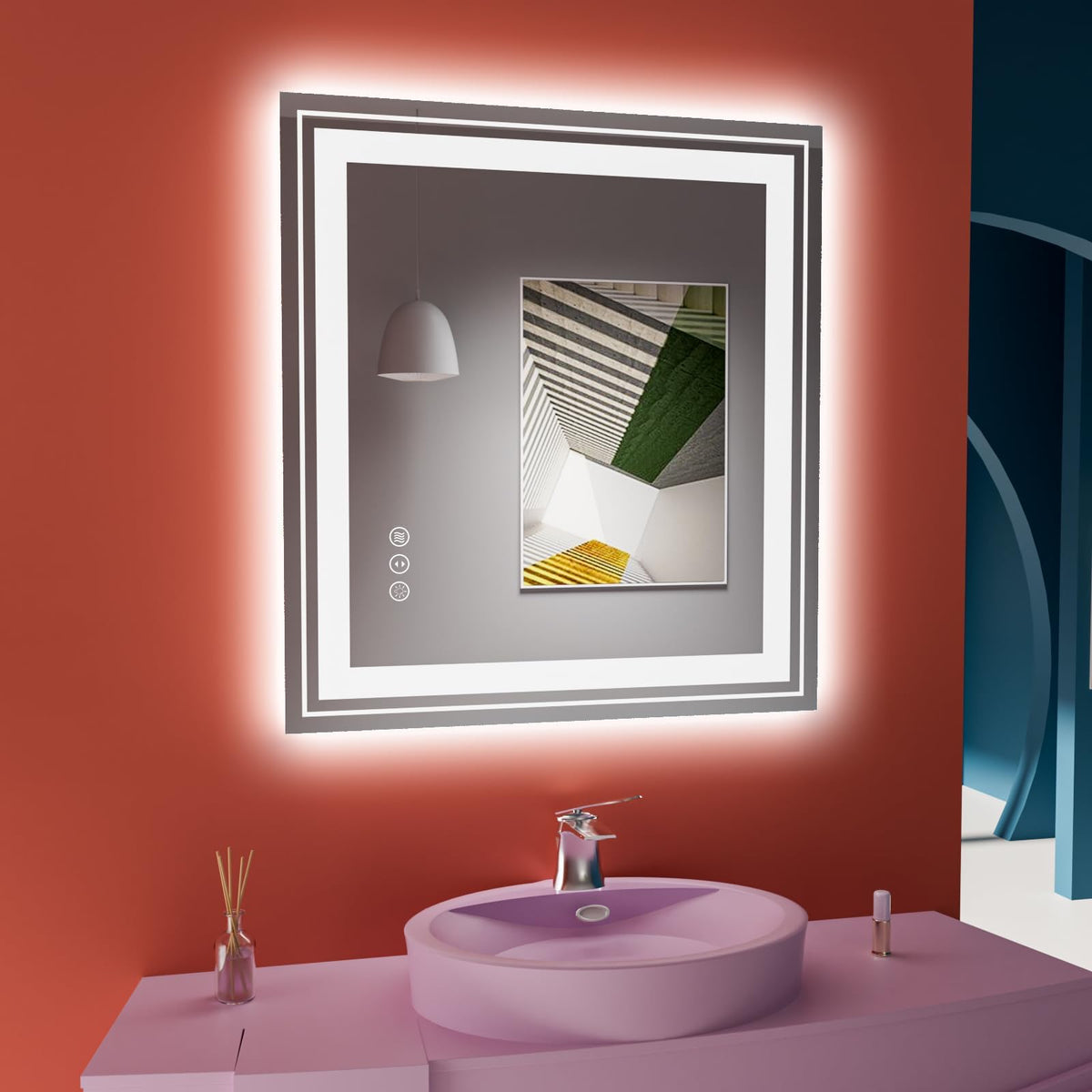 Snowdool 32X32 Led Bathroom Mirror With Lights, Front And Backlit Mirror Bathroom, Stepless Dimmable, Anti-Fog Led Mirror, Light