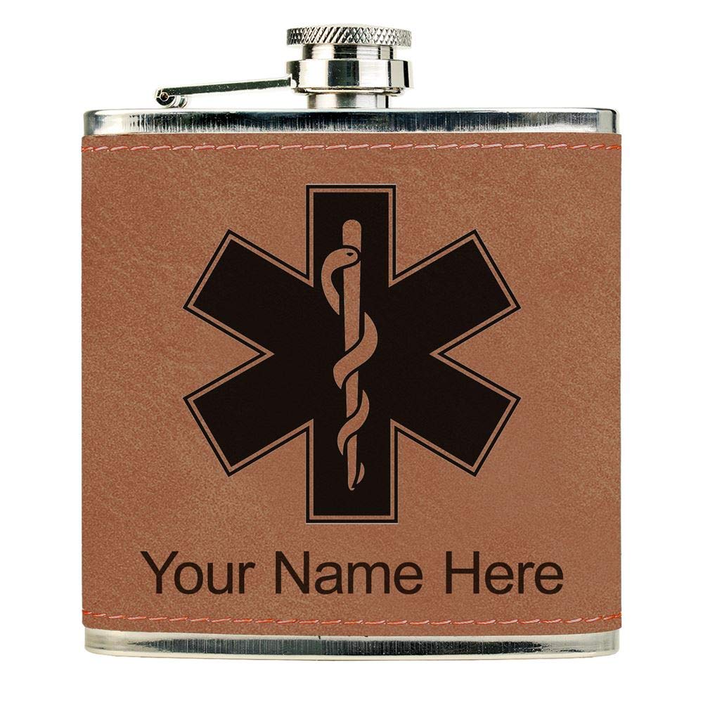 Faux Leather Flask, Star of Life, Personalized Engraving Included (Dark Brown)