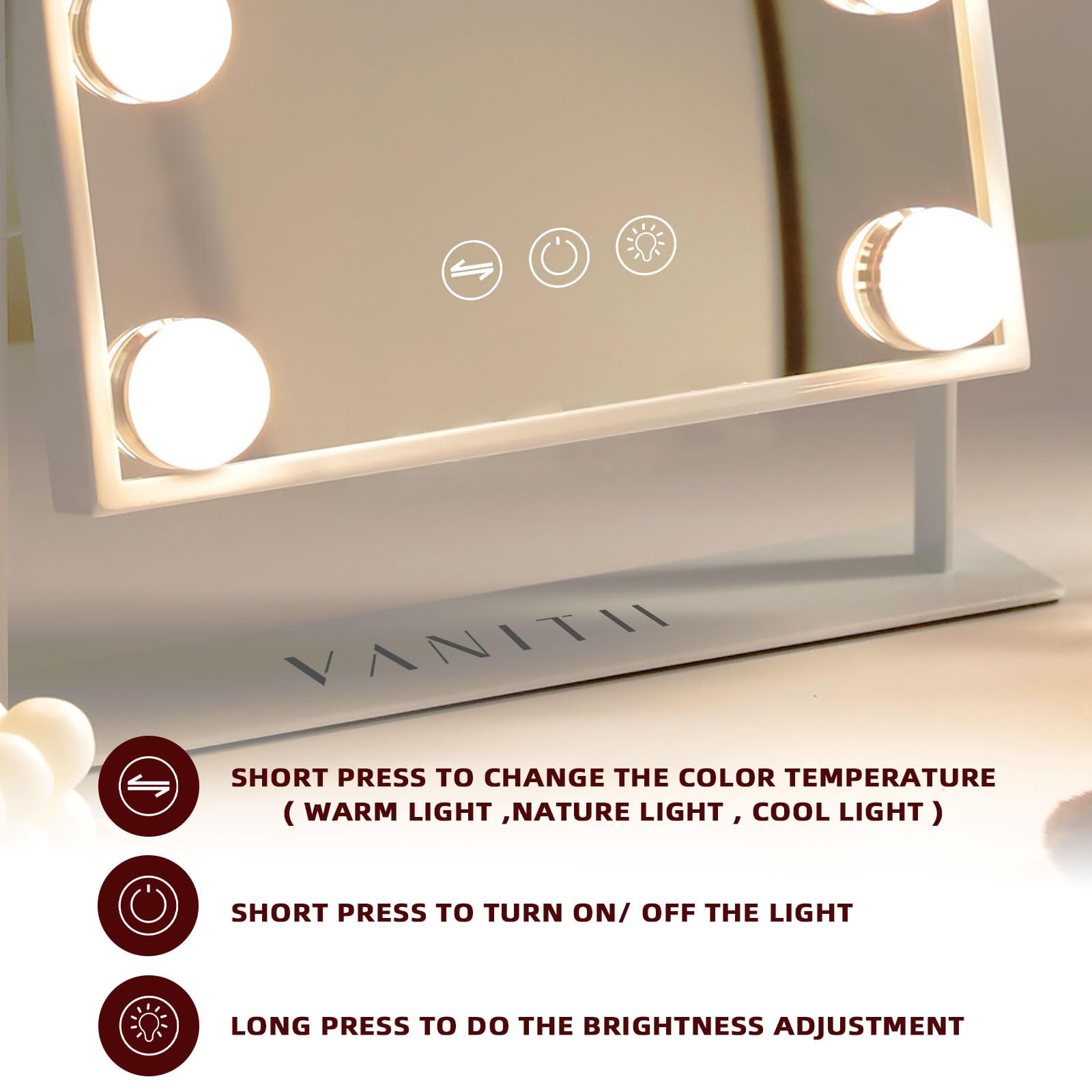 Vanitii Vanity Mirror With Lights Hollywood Lighted Makeup Mirror With 9 Dimmable Bulbs Smart Touch Control 3 Colors Light For B