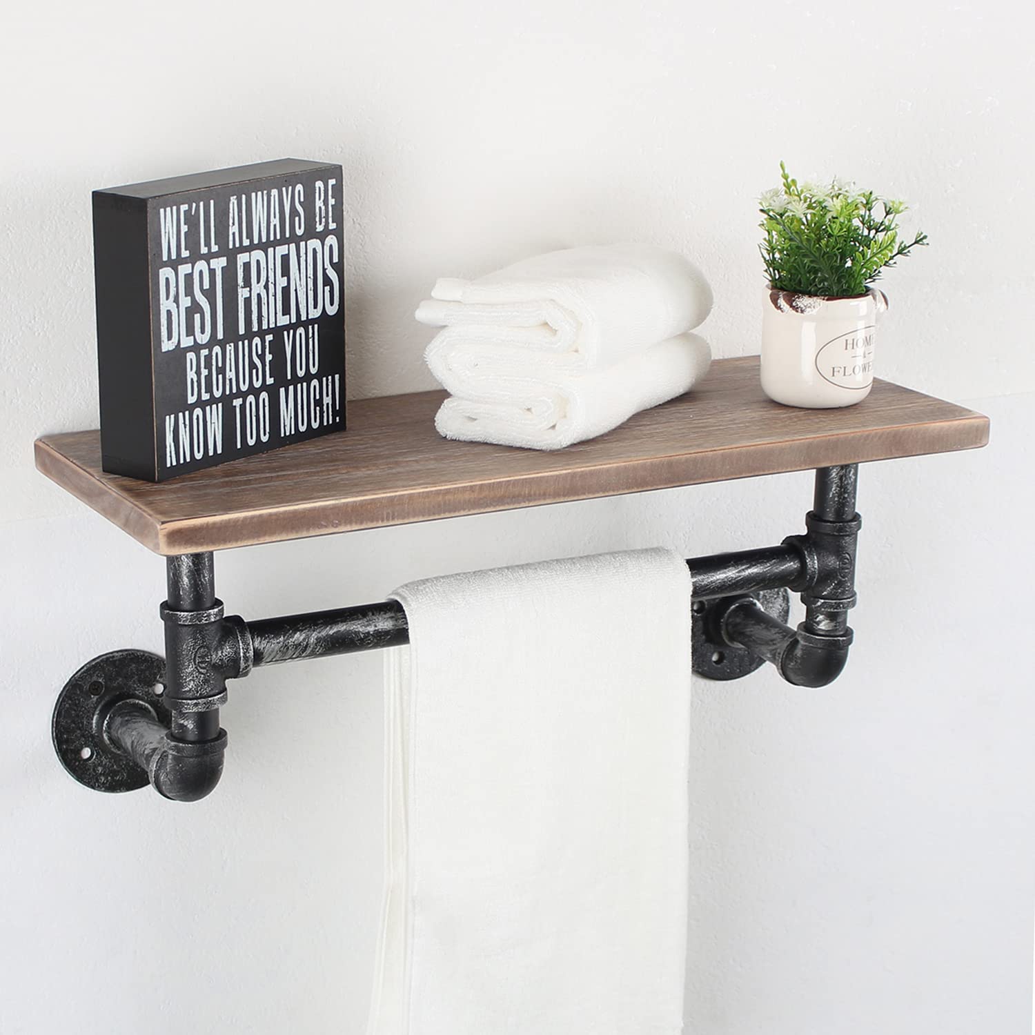 Industrial Pipe Shelf Bathroom Shelves Wall Mounted 19.6in Rustic Wood Shelf with Towel Bar 1 Tier Farmhouse Towel Rack Over Toilet Pipe Shelving Floating Shelves Towel Holder Retro Grey