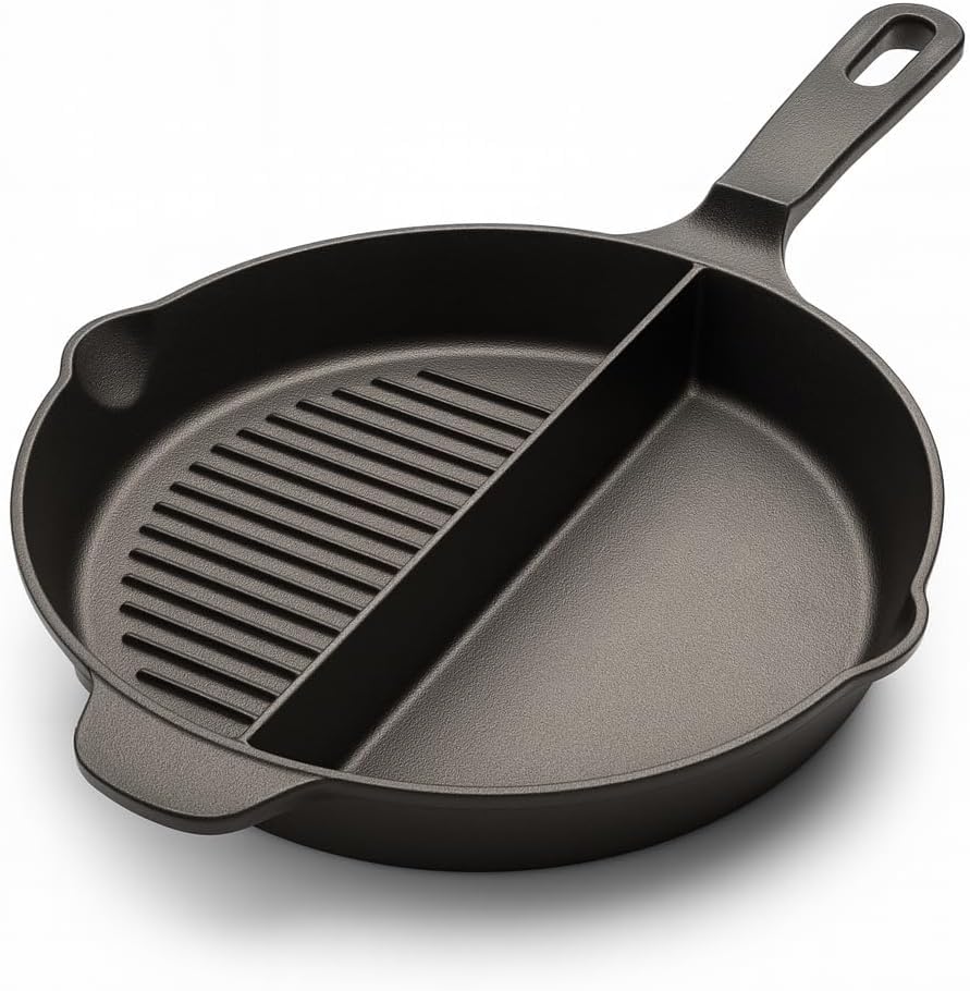 Artisan Fire 10 Inch Cast Iron Fry PanBreakfast SkilletDivided 2 in 1 Half GrillEggs, Bacon, Steak