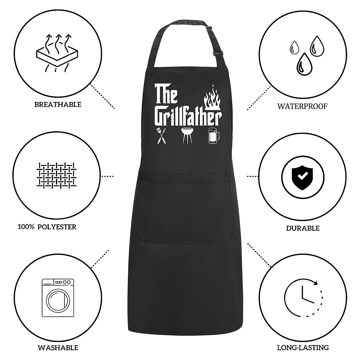 Potalkfree Funny Grilling Aprons For Men With Pockets, The Grillfather Waterproof Kitchen Cooking Bbq Apron For Dad Man Husband,