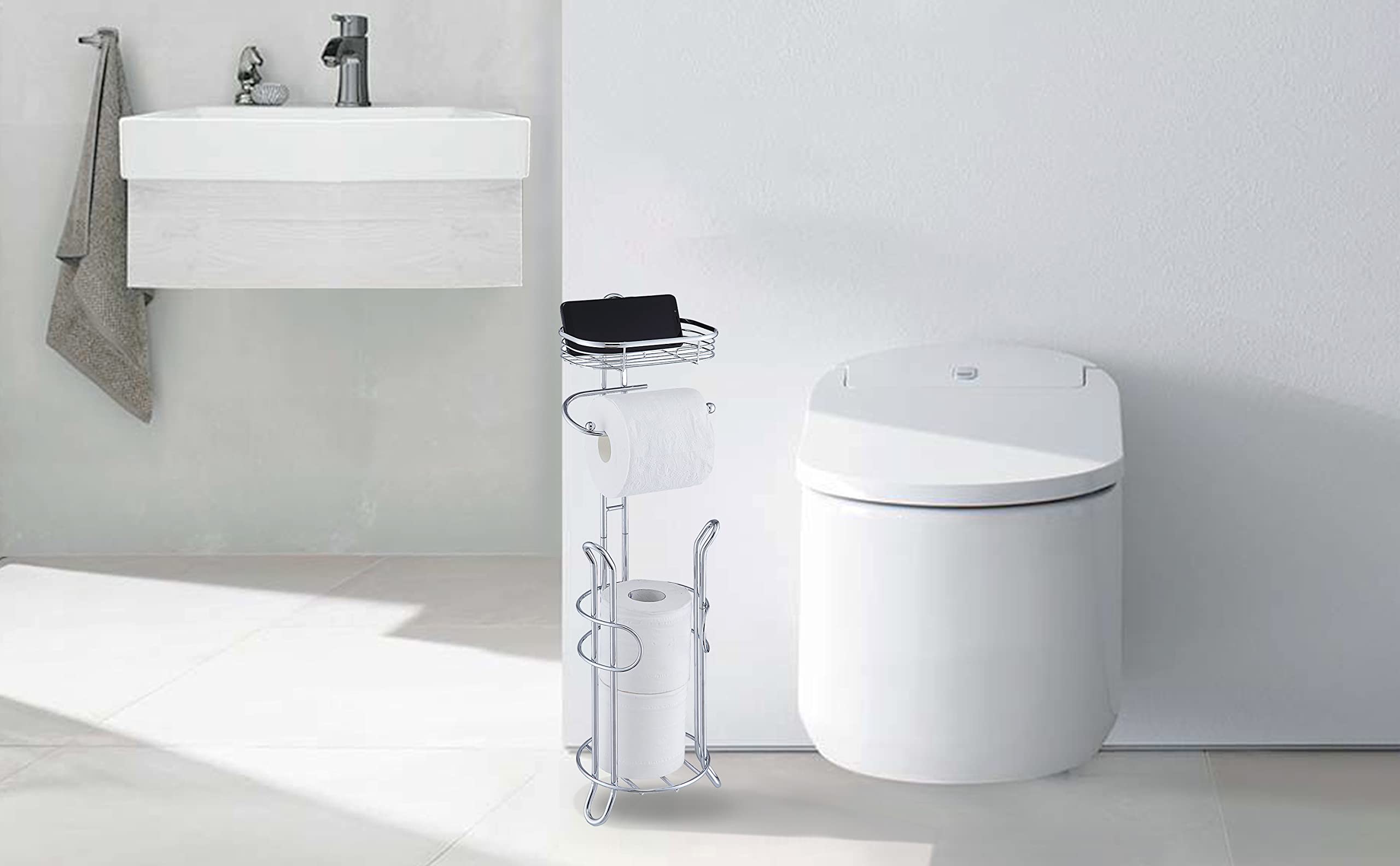 SunnyPoint Bathroom Heavyweight Toilet Tissue Paper Roll Storage Holder Stand with Reserve and Shelve  The Reserve Area Has Enough Space to Store Mega Rolls. (Chrome)