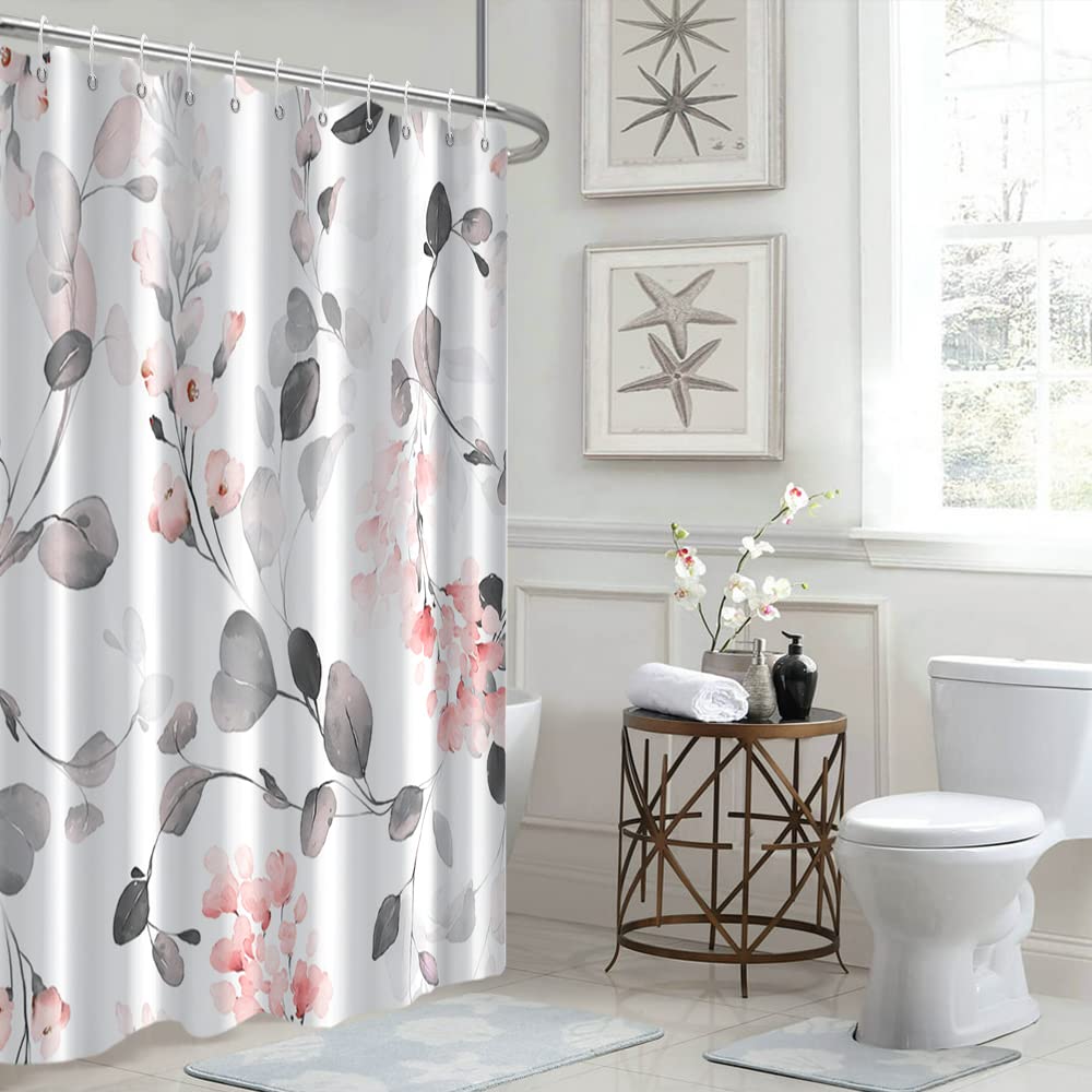 Ruelvth Grey And Pink Shower Curtain, Abstract Eucalyptus With Floral Shower Curtain Waterproof Fabric Spring Watercolor Shower