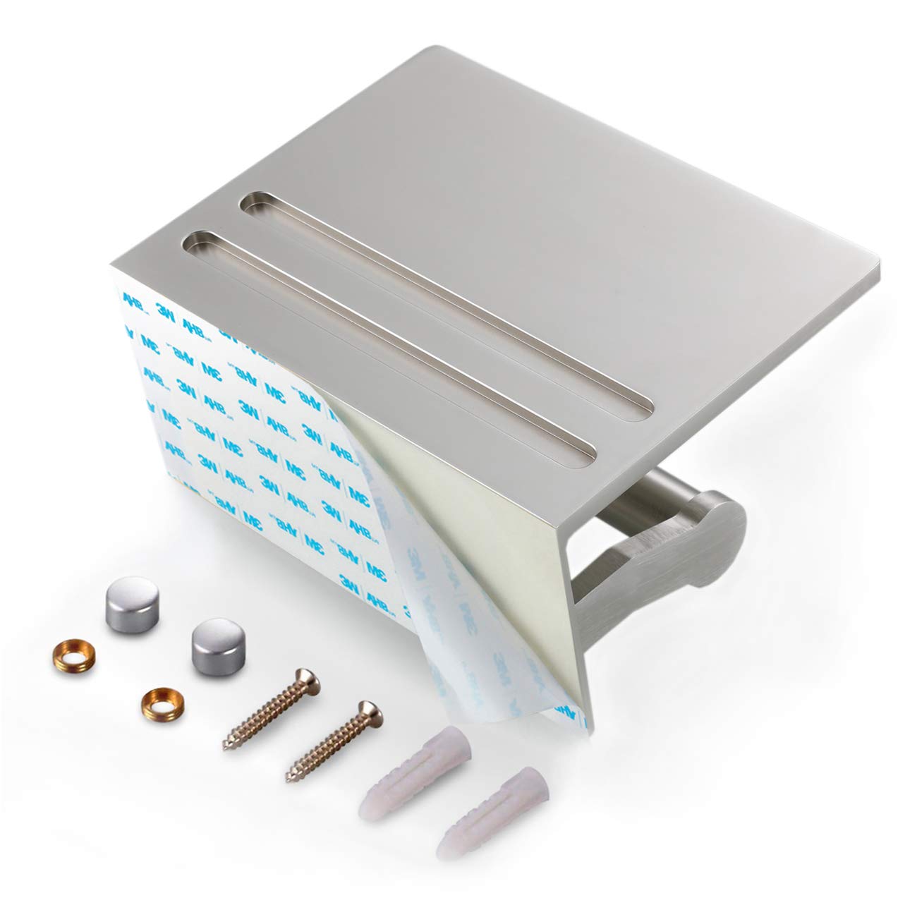 Smarthome Toilet Paper Holder with Shelf  Aluminum Tissue Roll Mobile Phone Storage Shelf for Modern Bathroom  3M Self Adhesive No Drilling or Wall-Mounted Screws  Brushed Nickel
