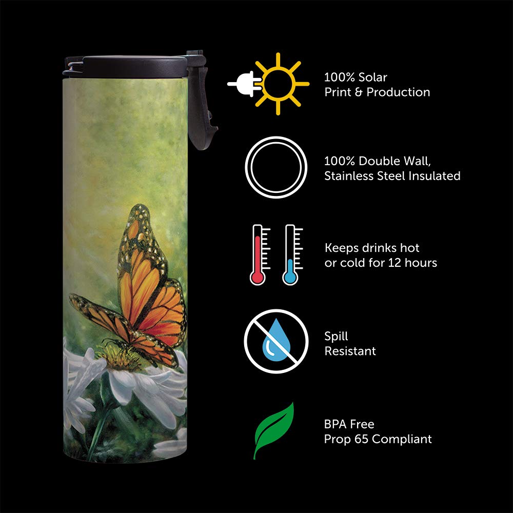 Tree-Free Greetings Barista Tumbler Vacuum Insulated, Stainless Steel Travel Coffee Mug/Cup, 1 Count (Pack Of 1), Monarch Butter