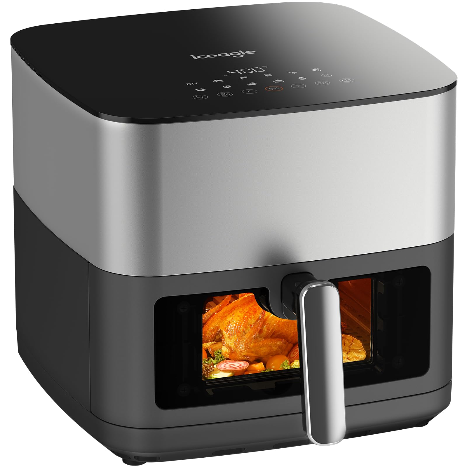 Iceagle Stainless Steel Air Fryer 9 Quart - Airfryer XXL with Large Viewing Window, Dual Heating Elements, 12-in-1 Function to R