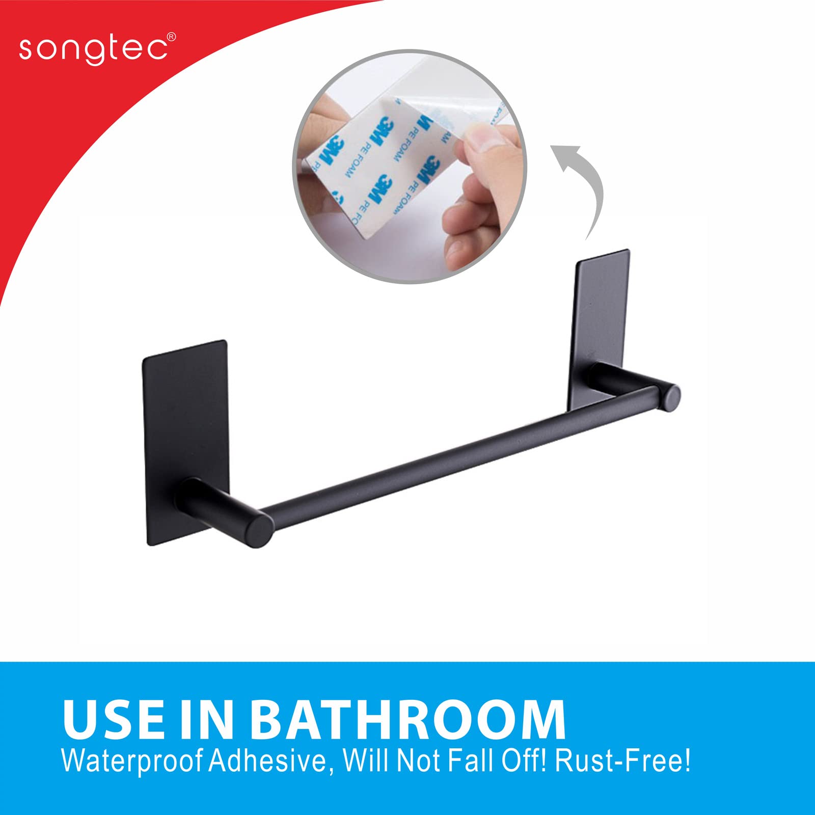 Adhesive Black Towel Bar 9-inch  Stick On Bath Towel Rack  Hand Towel Holders  No Drilling on Wall - Black