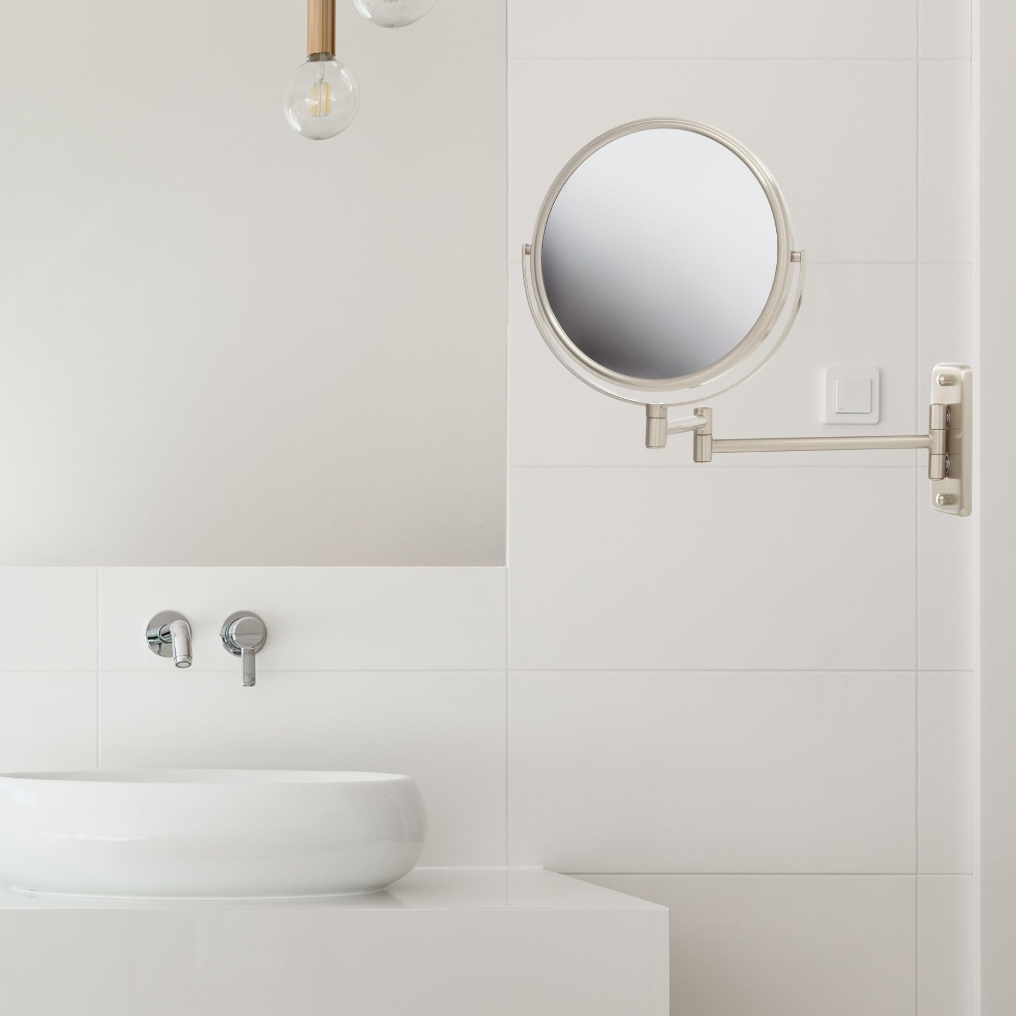 Jerdon 8-Inch Two-Sided Swivel Wall Mount Mirror - Makeup Mirror With 8X Magnification & 13.5 Inch Wall Extension - Nickel Finis