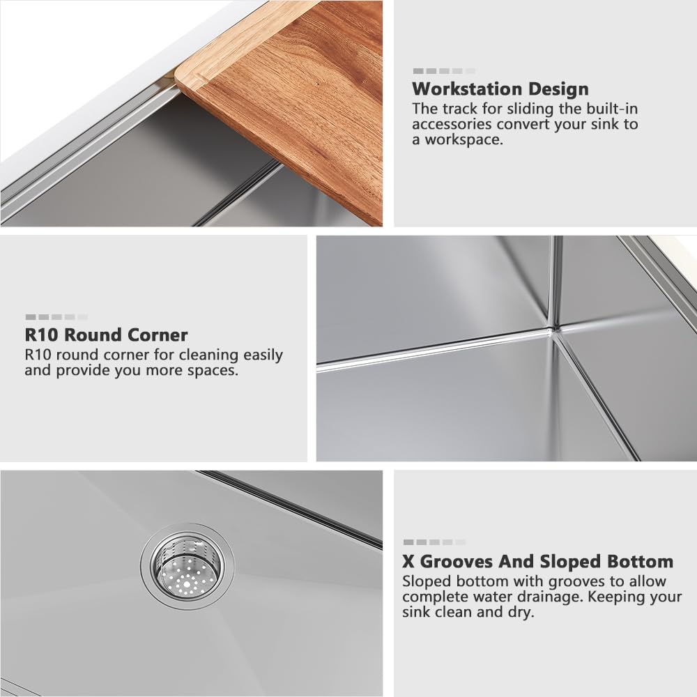 33X19 Drop In Kitchen Sink Workstation-Vasoyo 33 Inch Kitchen Sink Drop In Stainless Steel Deep Kitchen Sink 16 Gauge Worksattio