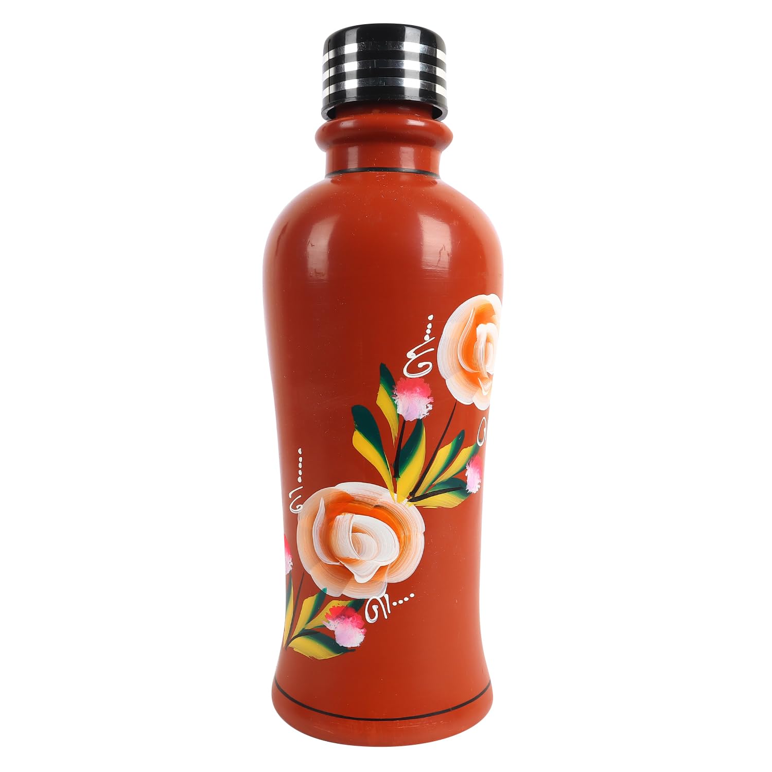 Ksi Organic Clay Water Bottle 1L Terracotta Drinking Bottle With Lid, Handmade Earthen Water Storage Bottle, Naturally Cooling M