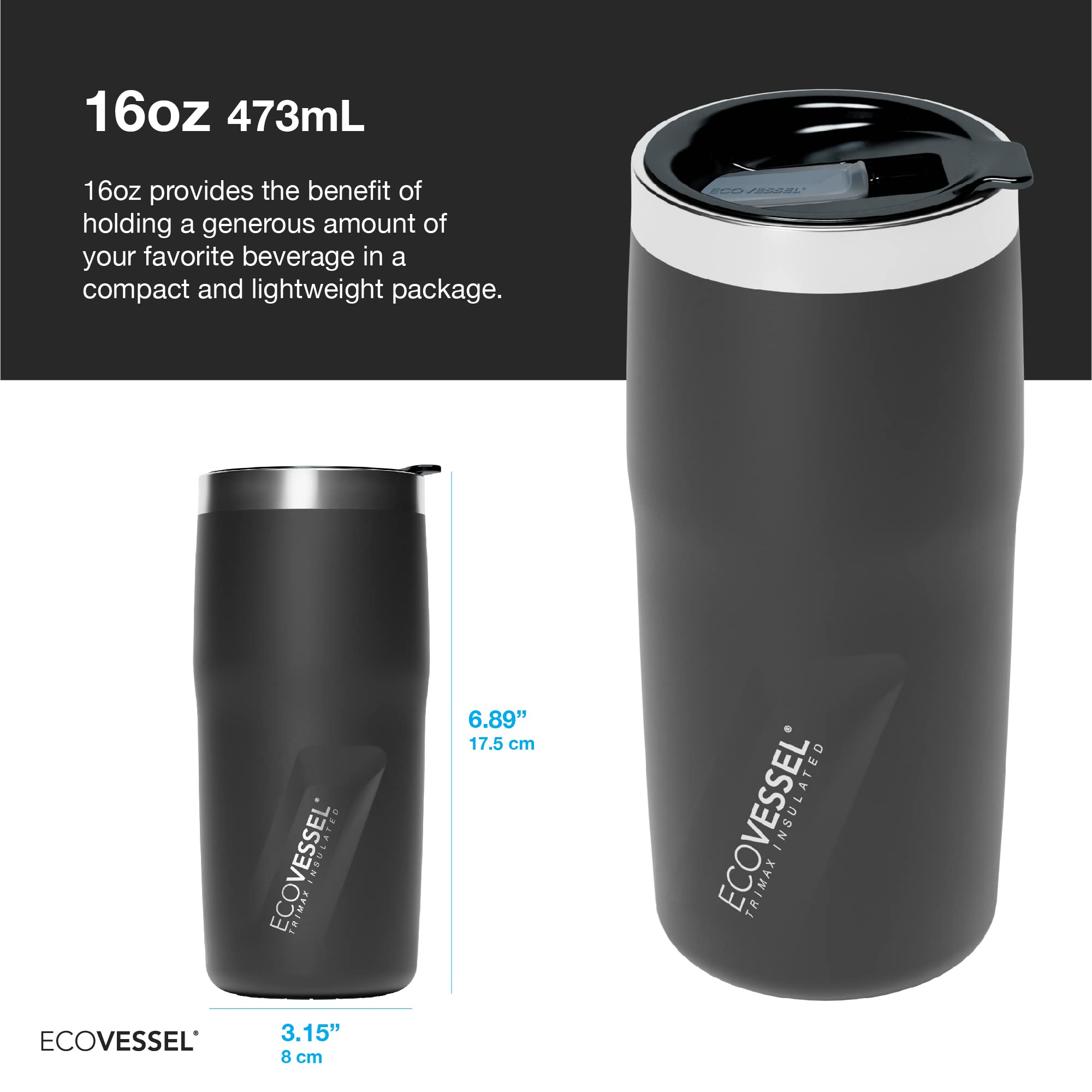 Ecovessel Metro Vacuum Stainless Steel Tumbler Cup, Insulated Water Bottle, Travel Coffee Mug With Slider Lid And Non Slip Base