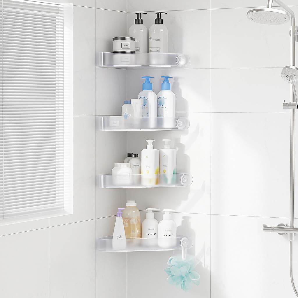 Sotfamily Shower Caddy Corner, 4 Pack Adhesive Corner Shower Shelves for Bathroom Organizers and Storage, Rust Free Plastic Rack