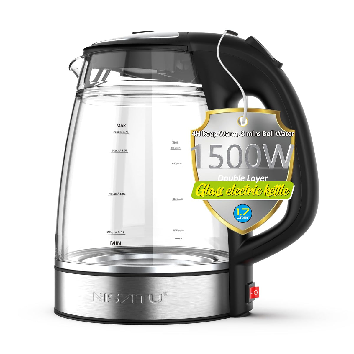 Double Glass Electric Kettle 1.7L Cordless Water Boiler, Tea Heater With Auto Shutoff & Dry Production For Boiling Hot Water,Led