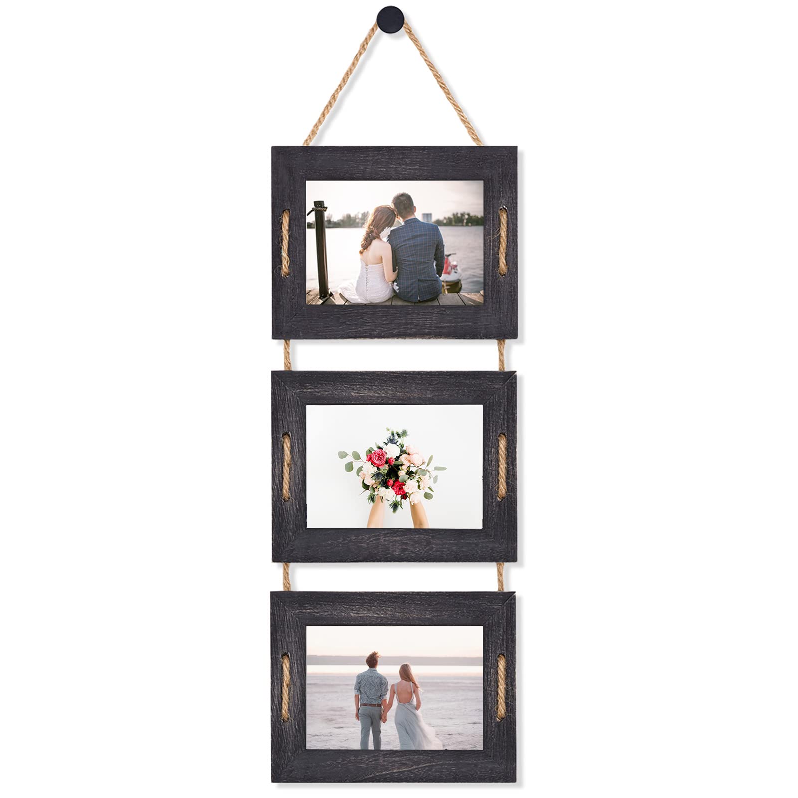 DLQuarts 5x7 Hanging Picture Frames Collage Wall Decor, 3-Opening Photo Frames 5x7 Without Mat & 3.5x5 with Mat, Rustic Wood 3-F