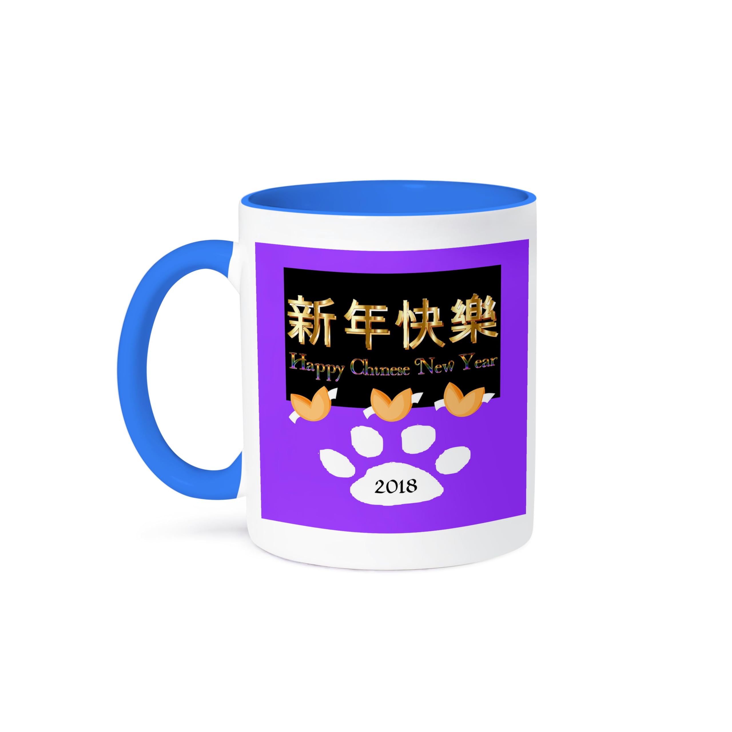 3dRose Image of Happy New Year With Fortune Cookies and Dog Paw 2018 11oz Two-Tone Blue Mug