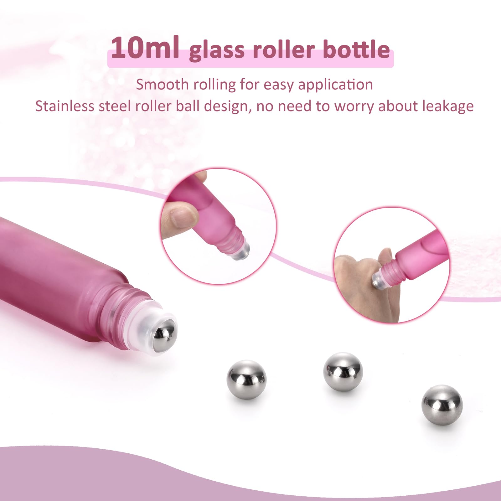 Kesell 10 Pack - 10Ml Refillable Frosted Glass Roller Bottles Vials With Stainless Steel Roller Ball And Aluminum Cap - Pink Col