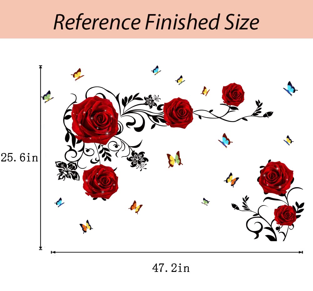 Supzone Red Rose Wall Stickers Rose Flower Vine Wall Decal Red Peony Floral Wall Decor DIY Vinyl Mural Art for Bedroom Living Room Sofa Backdrop TV Wall Decoration